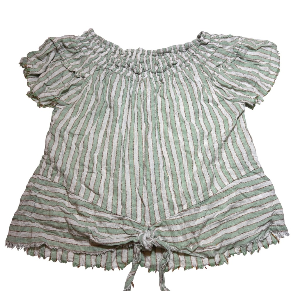 GIGO USA Green White Striped Off Shoulder Tie Front Top Size L